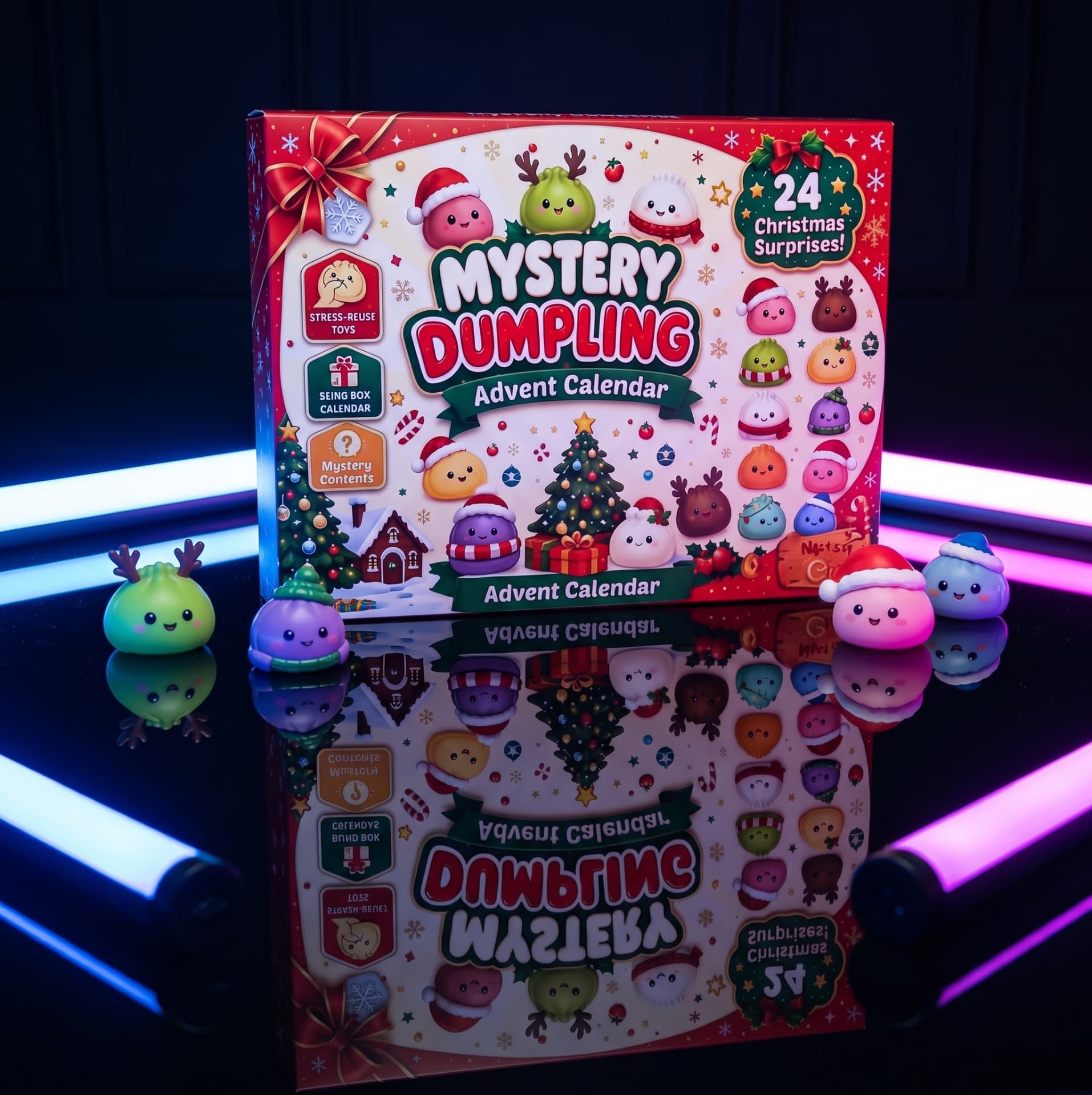 Mystery Dumpling advent calendar in a colourful studio display