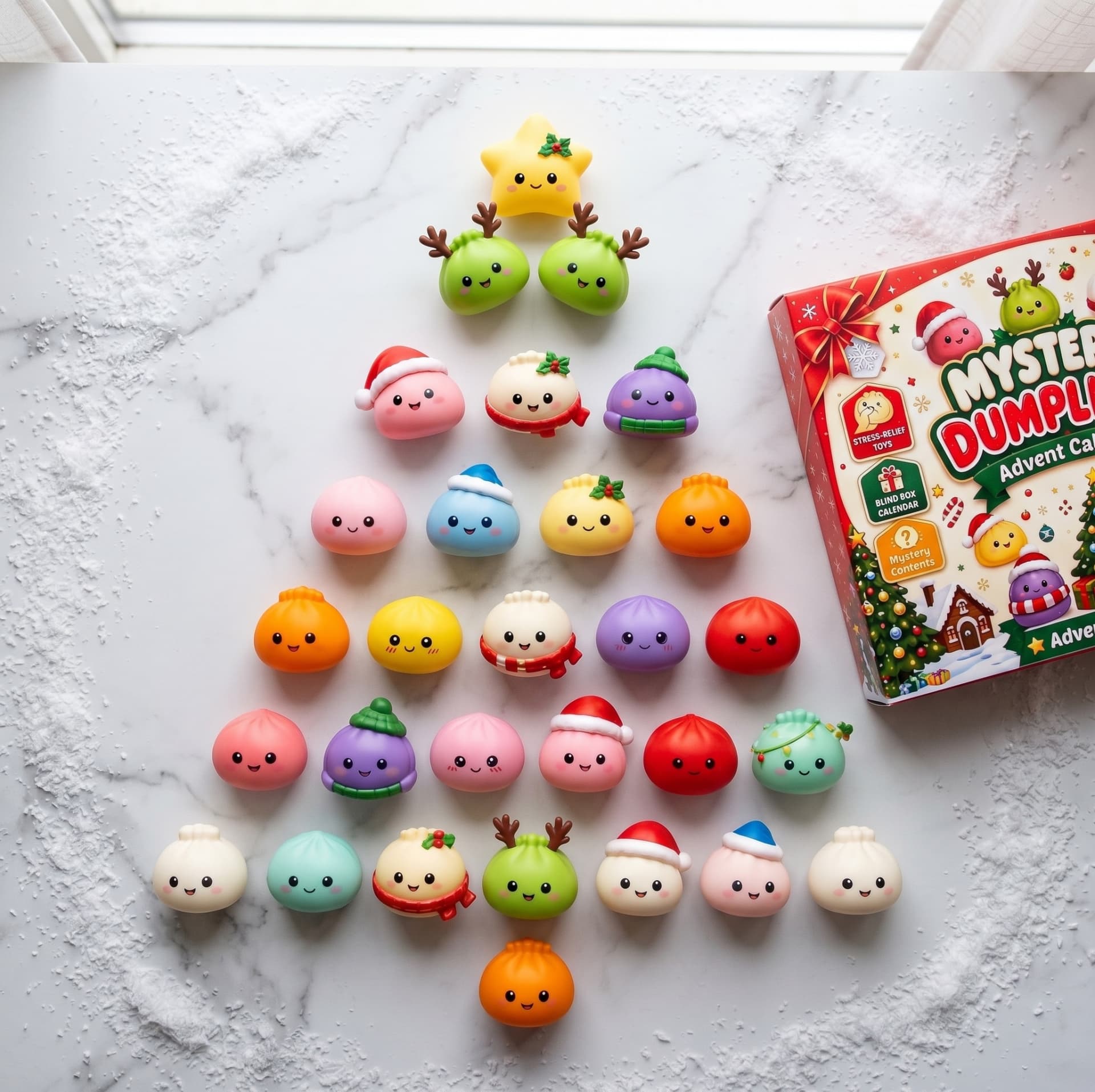 The full collection of colourful Christmas dumpling squishies arranged as a tree