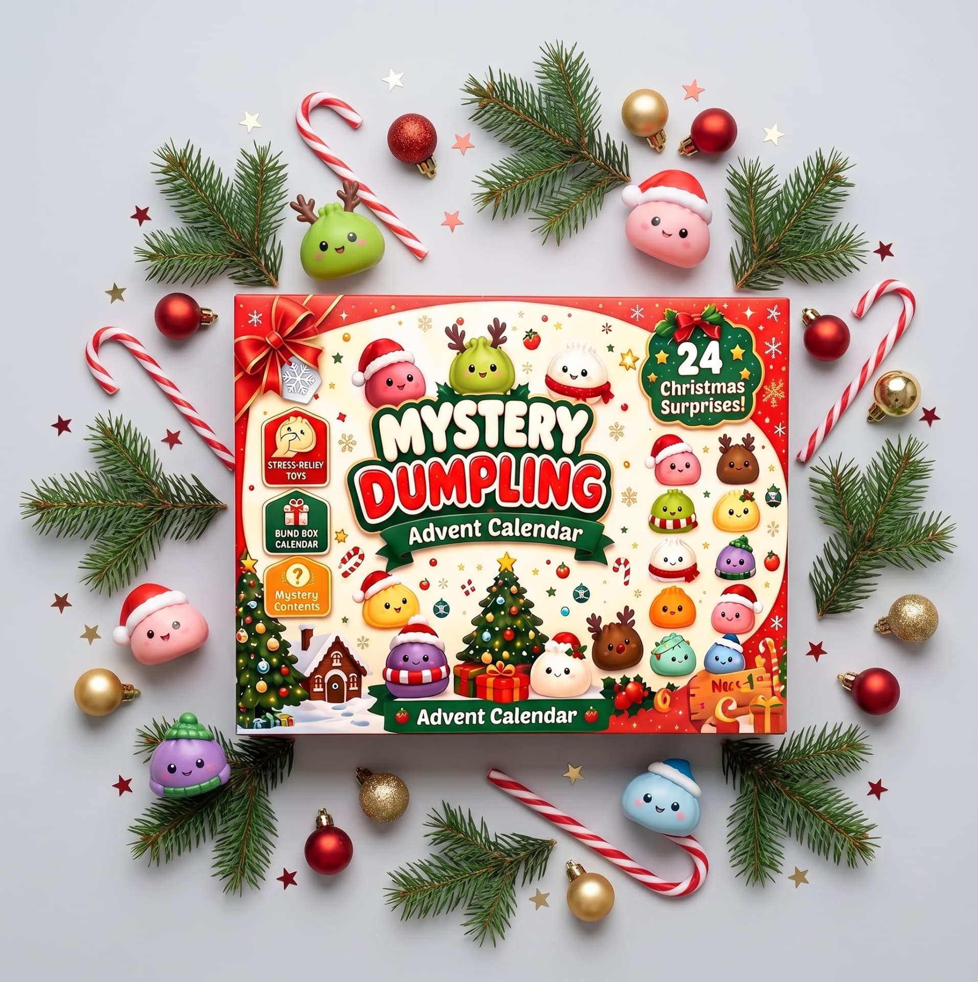 Mystery Dumpling 24-day advent calendar surrounded by festive branches, baubles and squishies