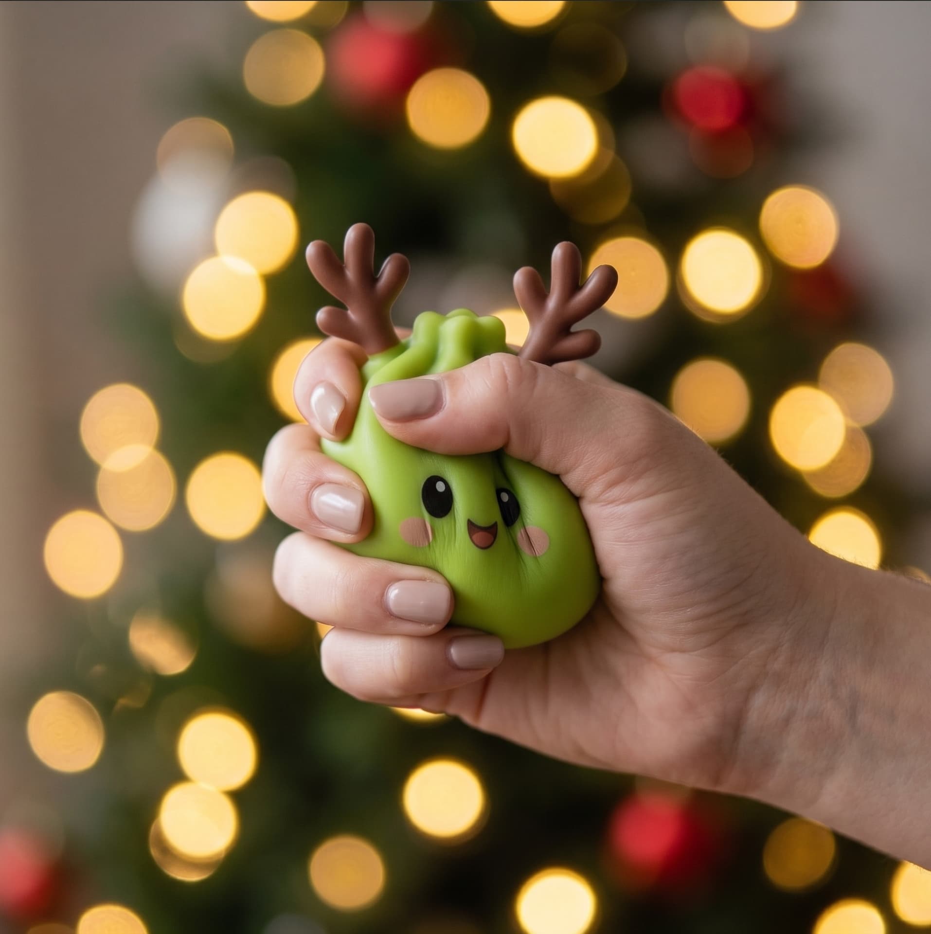 A hand squeezing a green reindeer dumpling squishy