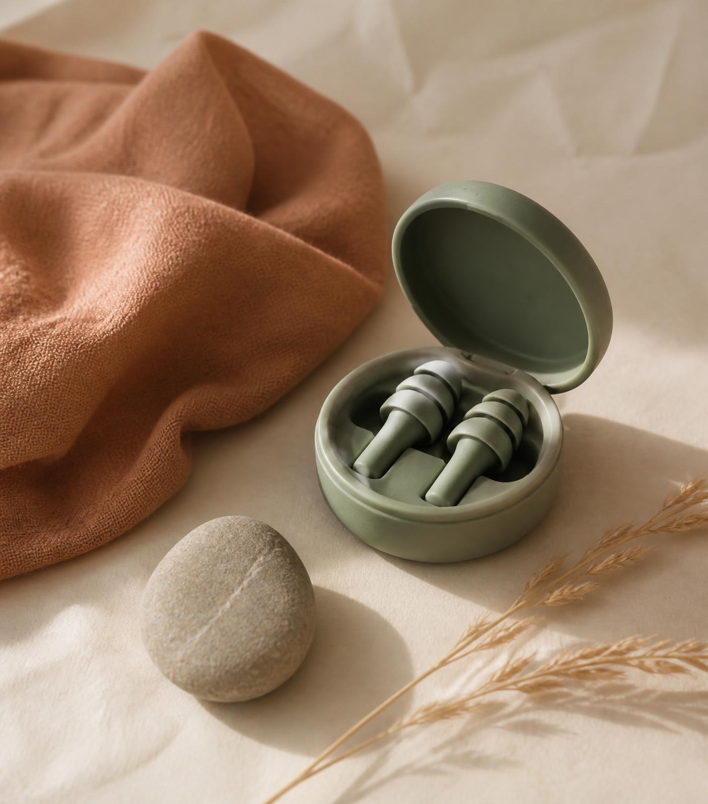 Sage green noise-filtering earplugs in an open case beside a clay linen cloth and a smooth pebble
